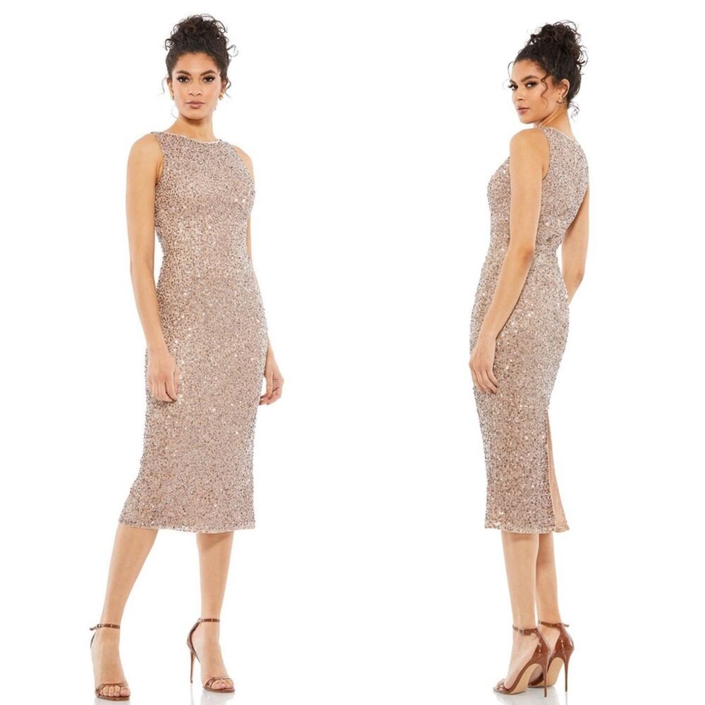 NEW MAC DUGGAL Rose Gold Pink Sequin Beaded Tank Slit $698 Midi Dress Gown 4